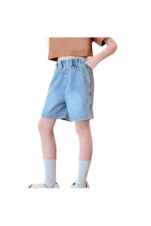 Baggy Denim Shorts for Girls Straight Leg Elastic Waist Jean Shorts Teens Simple Style Jorts Kids Outdoorwear Casual Clothes
