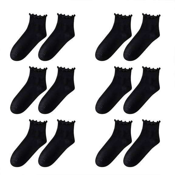 LWNYDPLSD Compression Socks Black Socks 6 Pairs Womens Socks Ruffle Turn Casual Ankle Socks Breathable Cool Knit Cotton Lettuce Crew Frilly Sock Black