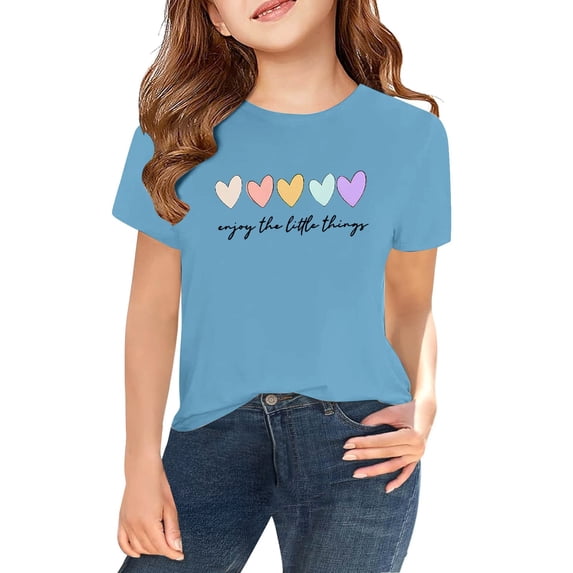LWNYDPLSD Cute T Shirt for Girls Heart Print Vintage Graphic Tee Kids Summer Short Sleeve Casual Inspirational Tops Teens Girls School Daily Clothes