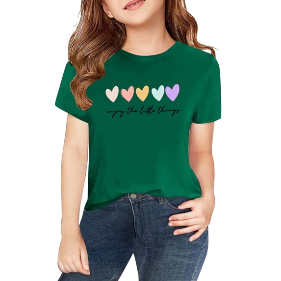 LWNYDPLSD Cute T Shirt for Girls Heart Print Vintage Graphic Tee Kids Summer Short Sleeve Casual Inspirational Tops Teens Girls School Daily Clothes