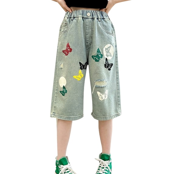 LWNYDPLSD Elastic Waist Denim Shorts for Kids Girl Cute Bow Print Jean Shorts Teens Ripped Wide Leg Summer Casual Jorts Toddler Back to School Clothes
