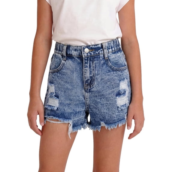 LWNYDPLSD Girl Denim Shorts Elastic Waisted Ripped Jean Shorts for Kids Vintage Frayed Hem Jorts Teens Girl Summer Streetwear Clothes