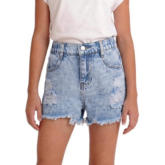 LWNYDPLSD Girl Denim Shorts Elastic Waisted Ripped Jean Shorts for Kids Vintage Frayed Hem Jorts Teens Girl Summer Streetwear Clothes