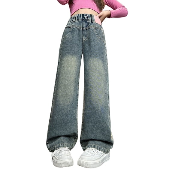 LWNYDPLSD Girls Baggy Jeans Straight Wide Leg Casual Denim Pants for Kids Y2k Distressed Vintage Denim Jeans Fashion Streetwear for Teens Girl