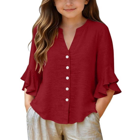 LWNYDPLSD Girls Button Down Shirts Ruffle Short Sleeve V Neck Wrinkled Dressy Blouse Top for Teen Girl Trendy Flowy Beach Vacation Clothes