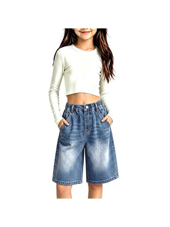 Girls Denim Shorts Casual Loose Fit Knee Length Jean Shorts for Kids Distressed Baggy Jorts with Pockets Teen Trendy Vintage Skateboard Streetwear