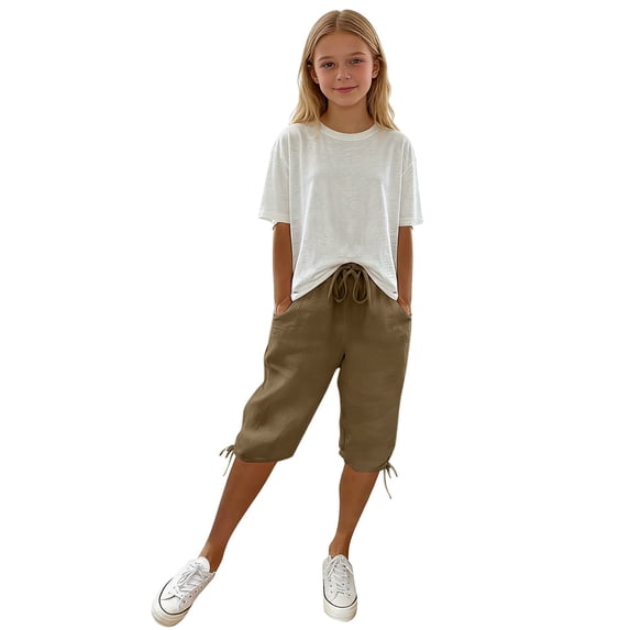 LWNYDPLSD Girls Lightweight Shorts Kids Knee Length Elastic Waisted Bermuda Shorts Teen Summer Beach Capris Casual Short Girl Daily Clothes