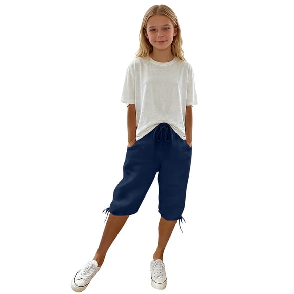 LWNYDPLSD Girls Lightweight Shorts Kids Knee Length Elastic Waisted Bermuda Shorts Teen Summer Beach Capris Casual Short Girl Daily Clothes