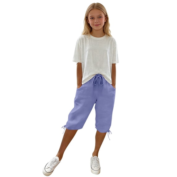 LWNYDPLSD Girls Lightweight Shorts Kids Knee Length Elastic Waisted Bermuda Shorts Teen Summer Beach Capris Casual Short Girl Daily Clothes
