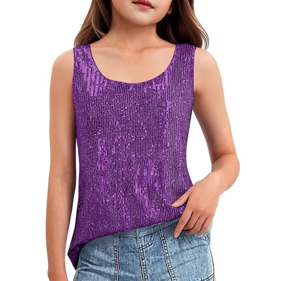 LWNYDPLSD Girls Sequin Tops Kids Fashion Sequin Sparkle Shimmer Sleeveless Tanks Tops Teens Girl Party Club Dance Summer Clothes