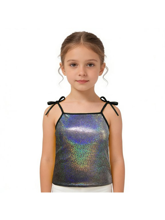 Girls Tank Top Slim Fit Shiny Metallic Camisole for Teens Girl Spaghetti Straps Party Dance Top Kids Festival Performance Clothes