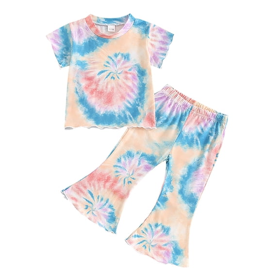 LWNYDPLSD Kids 2 Piece Suit Baby Girls Birthday Outfit Toddler Tie Dye Matching Sister 2pcs T-Shirt + Flare Leg Pants Fashion Y2K Soft Sets for 1-5 Years Newborn Girls Clothes