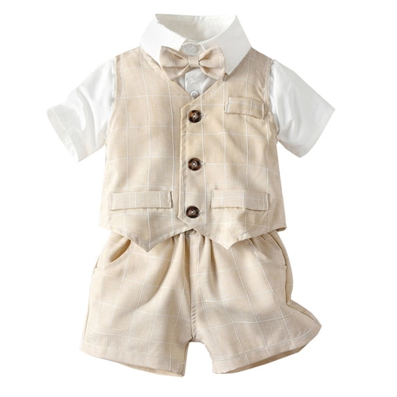 LWNYDPLSD Kids 3 Piece Suits Set Formal Gentleman Tuxedo Suit for Newborn Boy Wedding Graduation Dress Suit with Checkered Striped Vest+Shorts+Bowtie Button Down Short Sleeved Shirt Outfits