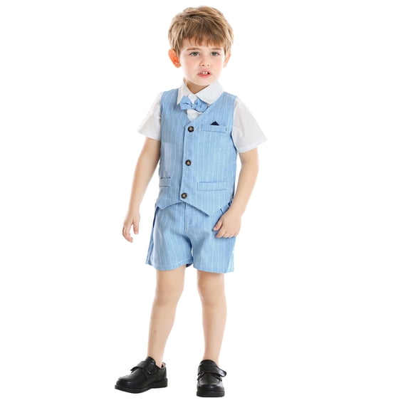 LWNYDPLSD Kids 3 Piece Suits Set Formal Gentleman Tuxedo Suit for Newborn Boy Wedding Graduation Dress Suit with Checkered Striped Vest+Shorts+Bowtie Button Down Short Sleeved Shirt Outfits