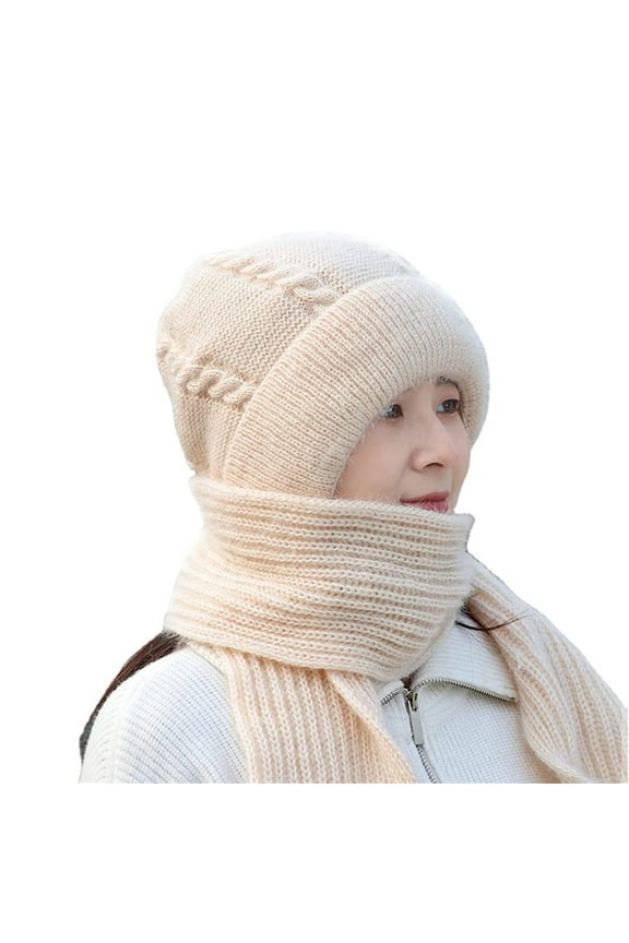 Neckerchief Integrated Ear Windproof Cap Scarf Knitting Thick Warm Ear Guard Hat Hooded Scarf Women Winter Knitted Hat Clearance Sale White One Size