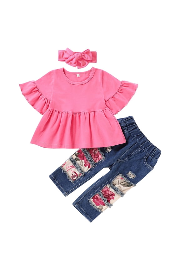 Party Clothes for Baby Girls 3 Piece Outfit with Headbands Newborn Girls Summer Ruffle Shirt Ripped Patchwork Jeans Cute Trendy Set Toddler Girls Clothes