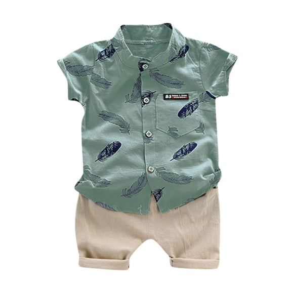LWNYDPLSD Toddler Boy 2 Piece Summer Outfits Baby Boys One Year Old Birthday Set 1T 2T 3T 4T Kids Cartoon Print Button Down Short Sleeve Shirts & Shorts Beach Holiday Vacaction Suit