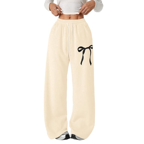 LWNYDPLSD Wide Leg Sweatpants for Girls Bowknot Prints Baggy Straight Pants Kids Elastic Waist Drawstring Athletic Pants with Pockets Teens Dance Trousers