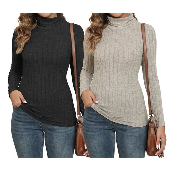 LWP 2 Pack Women's Ribbed Turtleneck Sweater Long Sleeve Stretchy Fall Winter Undershirts