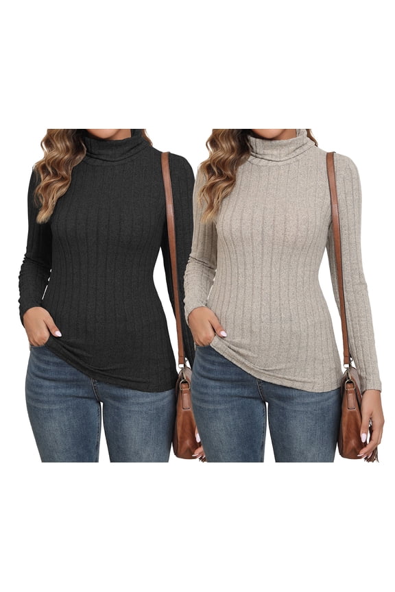 2 Pack Women's Ribbed Turtleneck Sweater Long Sleeve Stretchy Fall Winter Undershirts