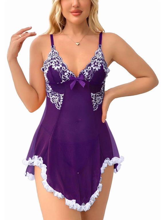 Women Sexy Lace Chemise Sleepwear Mesh Nightgown Lingerie Babydoll Dress