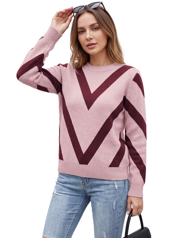 Women's Chevron Print Sweater Crew Neck Long Sleeve Casual Knit Pullover Fall Top
