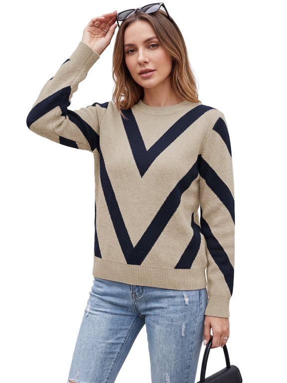 Women's Chevron Print Sweater Crew Neck Long Sleeve Casual Knit Pullover Fall Top