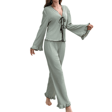 LWP Women's Pajama 2 Pieces Bowknot Set Casual Sleepwear Loungewear For Women V-Neck Long Sleeves with Pants