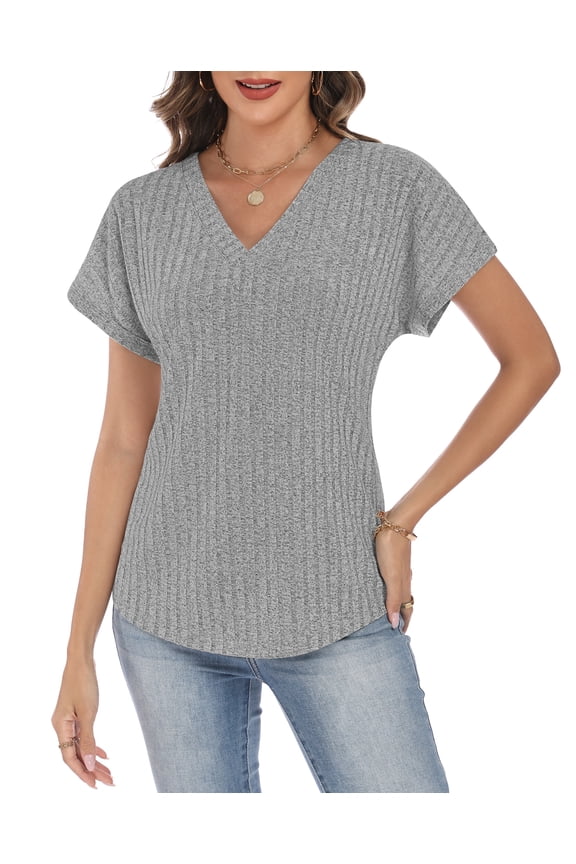 Women's V Neck Short Sleeve Tops, Casual Loose Fit Ribbed Knit Blouses for 2026 Spring Summer Daily Wear
