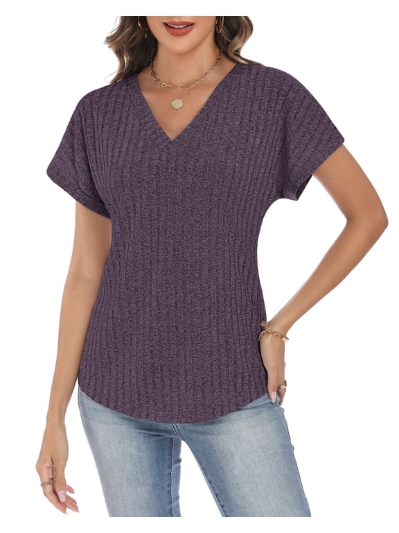 Women's V Neck Short Sleeve Tops, Casual Loose Fit Ribbed Knit Blouses for 2026 Spring Summer Daily Wear