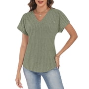 LWP Womens V Neck Short Sleeve Tops, Casual Loose Fit Ribbed Knit Blouses for 2026 Spring Summer Daily Wear