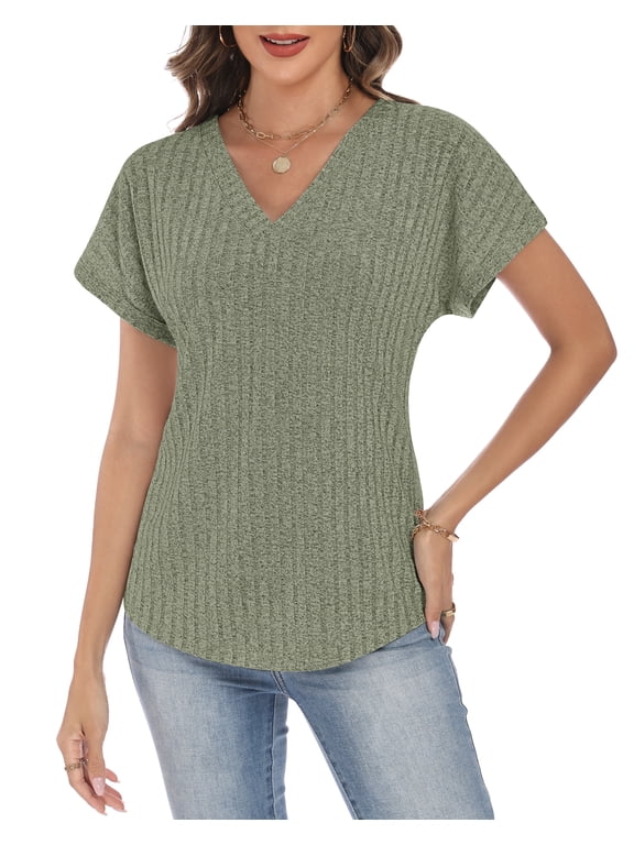Women's V Neck Short Sleeve Tops, Casual Loose Fit Ribbed Knit Blouses for 2026 Spring Summer Daily Wear