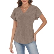 LWP Womens V Neck Short Sleeve Tops, Casual Loose Fit Ribbed Knit Blouses for 2026 Spring Summer Daily Wear