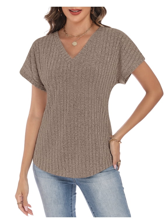 Women's V Neck Short Sleeve Tops, Casual Loose Fit Ribbed Knit Blouses for 2026 Spring Summer Daily Wear