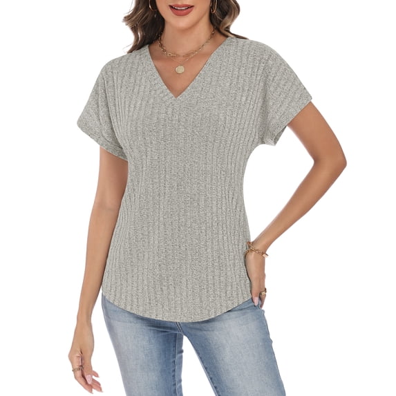 LWP Women's V Neck Short Sleeve Tops, Casual Loose Fit Ribbed Knit Blouses for 2026 Spring Summer Daily Wear