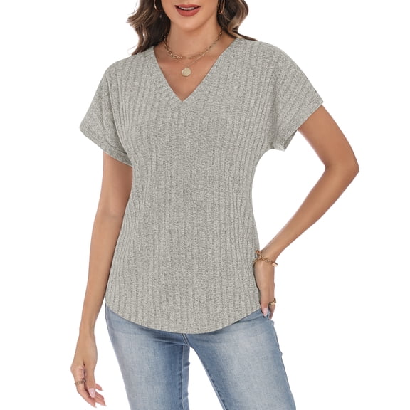 LWP Women's V Neck Short Sleeve Tops, Casual Loose Fit Ribbed Knit Blouses for 2026 Spring Summer Daily Wear
