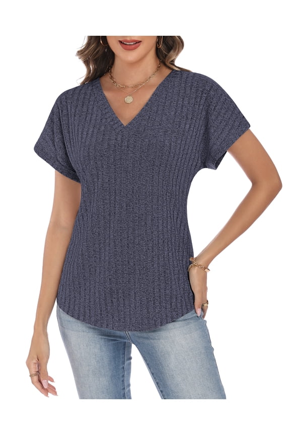 Women's V Neck Short Sleeve Tops, Casual Loose Fit Ribbed Knit Blouses for 2026 Spring Summer Daily Wear