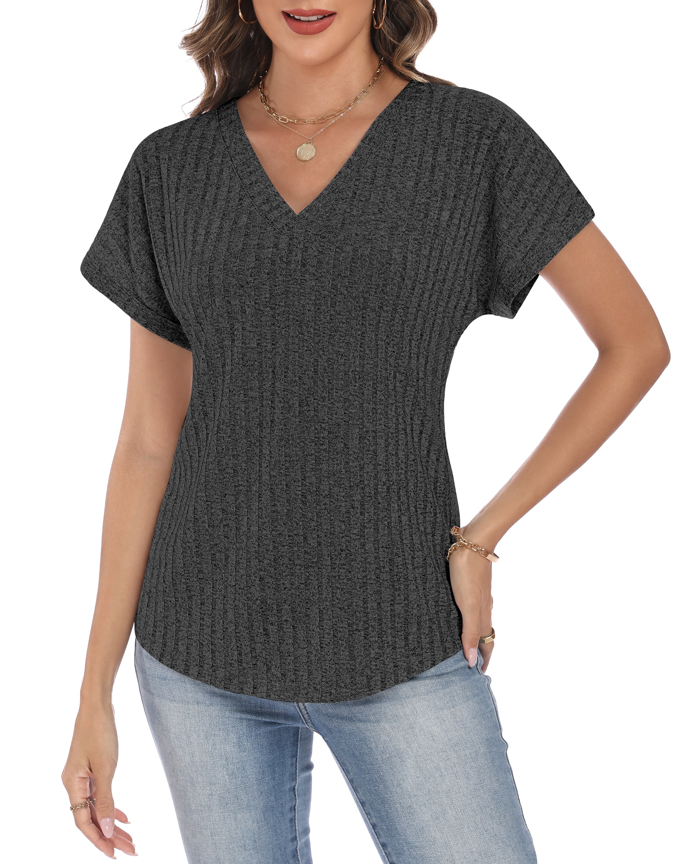 LWP Women's V Neck Short Sleeve Tops, Casual Loose Fit Ribbed Knit ...