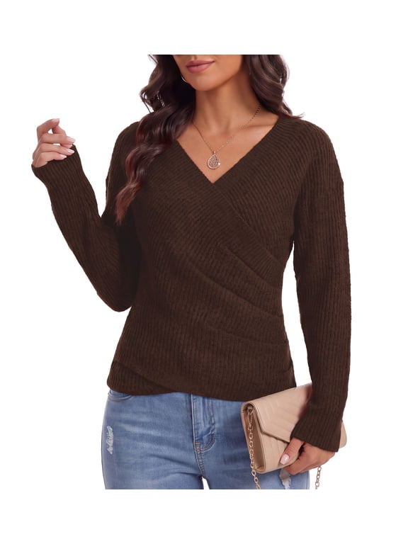 Women's V Neck Sweater Criss Cross Long Sleeve Pullover Casual Fall Winter Tops