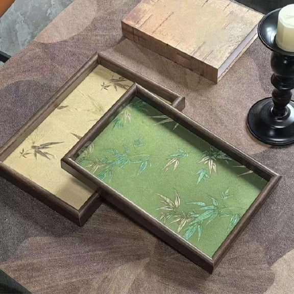 LWVITH 1 Pack Wooden Tray with Embroidered Bamboo Leaf Shadow, Decorative Catchall Tray for Coffee Table, Small Organizer for Jewelry Keys, Rustic Home Decor for Living Room Desktop, Birthday Gift