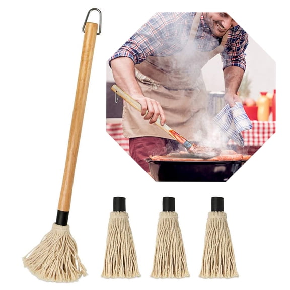 LWVITH 18 Inch BBQ Basting Mop with 3 Replacement Heads, Cotton Wooden Handle Grill Brush for Sauce Marinade, Heat Resistant Cooking Tool for Smoking Ribs Brisket, Outdoor Barbecue Accessories