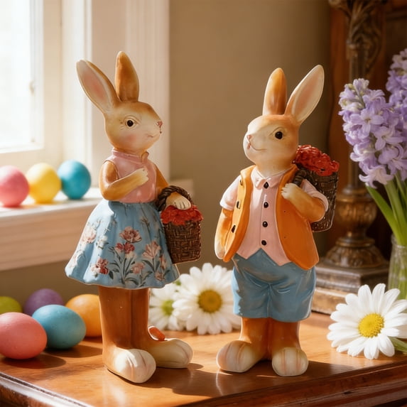 LWVITH 2 PCS Easter Bunny Couple Resin Figurine Set, Spring Garden Decor with Flower Basket and Raincoat, Cute Interactive Tabletop Ornament for Mantel Shelf, Holiday Home Party Decoration Gift
