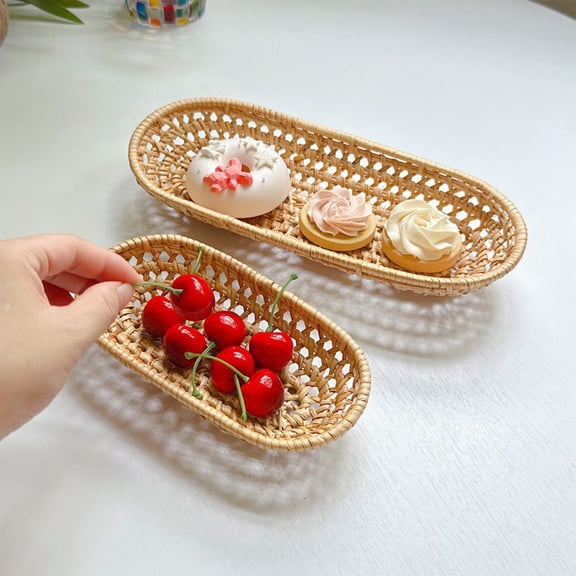 LWVITH 2 PCS Woven Rattan Basket for Bread and Fruit - Natural Wood Kitchen Counter Decor, Snack Holder for Dining Table, Lightweight Tray for Restaurant Outdoor Picnic