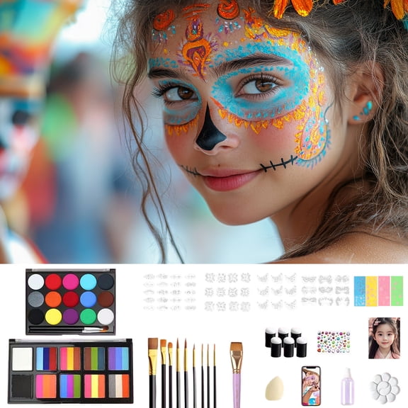 LWVITH 27 Color Face Paint Kit for Party and Stage, Non Toxic, Washable, Halloween Christmas Birthday Supplies, Body Art Set with Brushes and Stencils, Glitter Tattoos, Face Painting Festival Kit