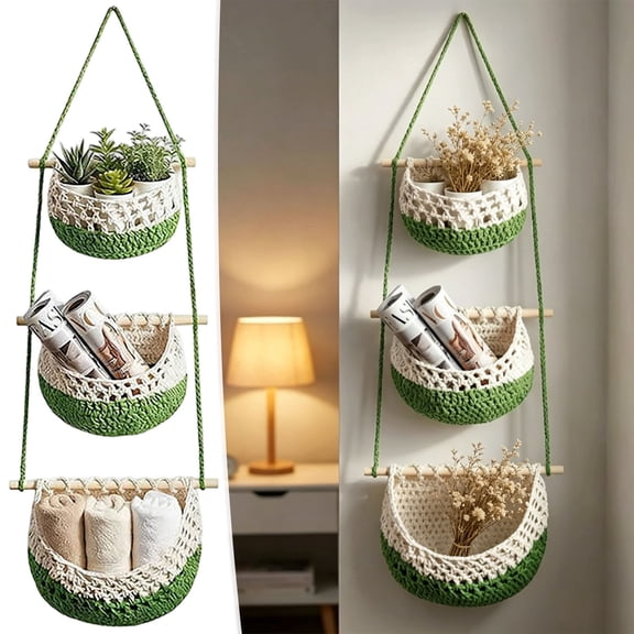 LWVITH 3 Tier Wall Mounted Mesh Fruit Bag, Macrame Rope Storage Organizer for Produce Vegetables, Boho Hanging Basket for Onion Potato Garlic, Countertop Alternative for Tiny Apartment Small Kitchen