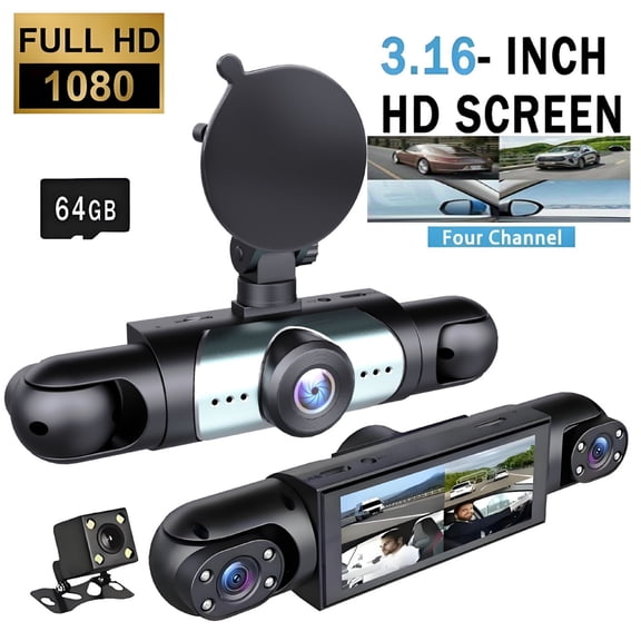 LWVITH 4 Channel Dash Cam 1080P HD with 64GB Card, Four Lens Car Recorder Front Rear Left Right, 360 Driving Video Recorder, for Vehicle SUV Truck Security, Quad Backup Camera System