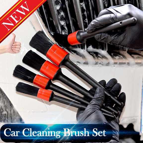 LWVITH 5 Piece Car Detailing Brush Set with Boar Hair Bristles, Auto Interior Exterior Cleaning Tools for Dashboard Vents Wheels, Soft Scratch Free Scrubber for Leather Seats Emblems, Vehicle Care