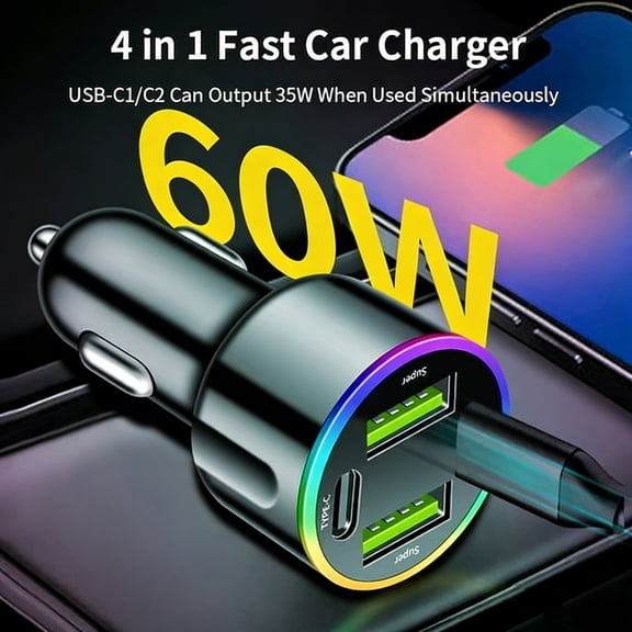 LWVITH 60W 4-in-1 Fast Car Charger, USB C PD & QC 3.0 Adapter with 2 USB-C & 2 USB-A Ports, Multi-Device Auto Charger Kit for Phones Tablets, Compact Car Accessories, Gift for Men