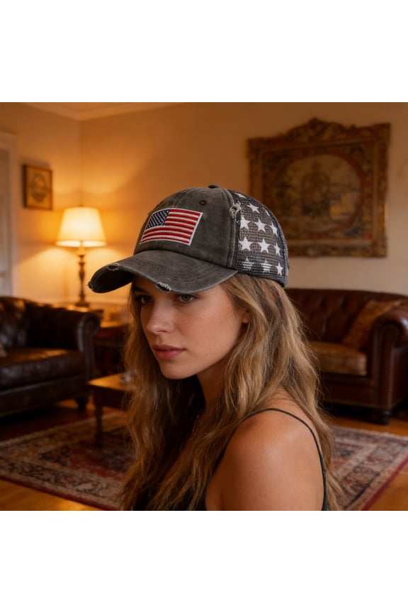 American U.S.A. Flag Embroidered Baseball Cap, Distressed Washed Cotton Mesh Back Adjustable Hat for Men Women, Vintage Sun Visor for Outdoor Hiking Beach, Patriotic Accessory, Holiday Gift