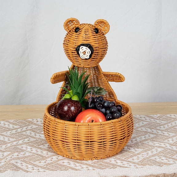 LWVITH Bear Shaped Woven Storage Basket Imitation Rattan Fruit and Snack Organizer Plastic 13x9x9 Inch for Living Room Kitchen Tabletop Decor Rustic Home Organization